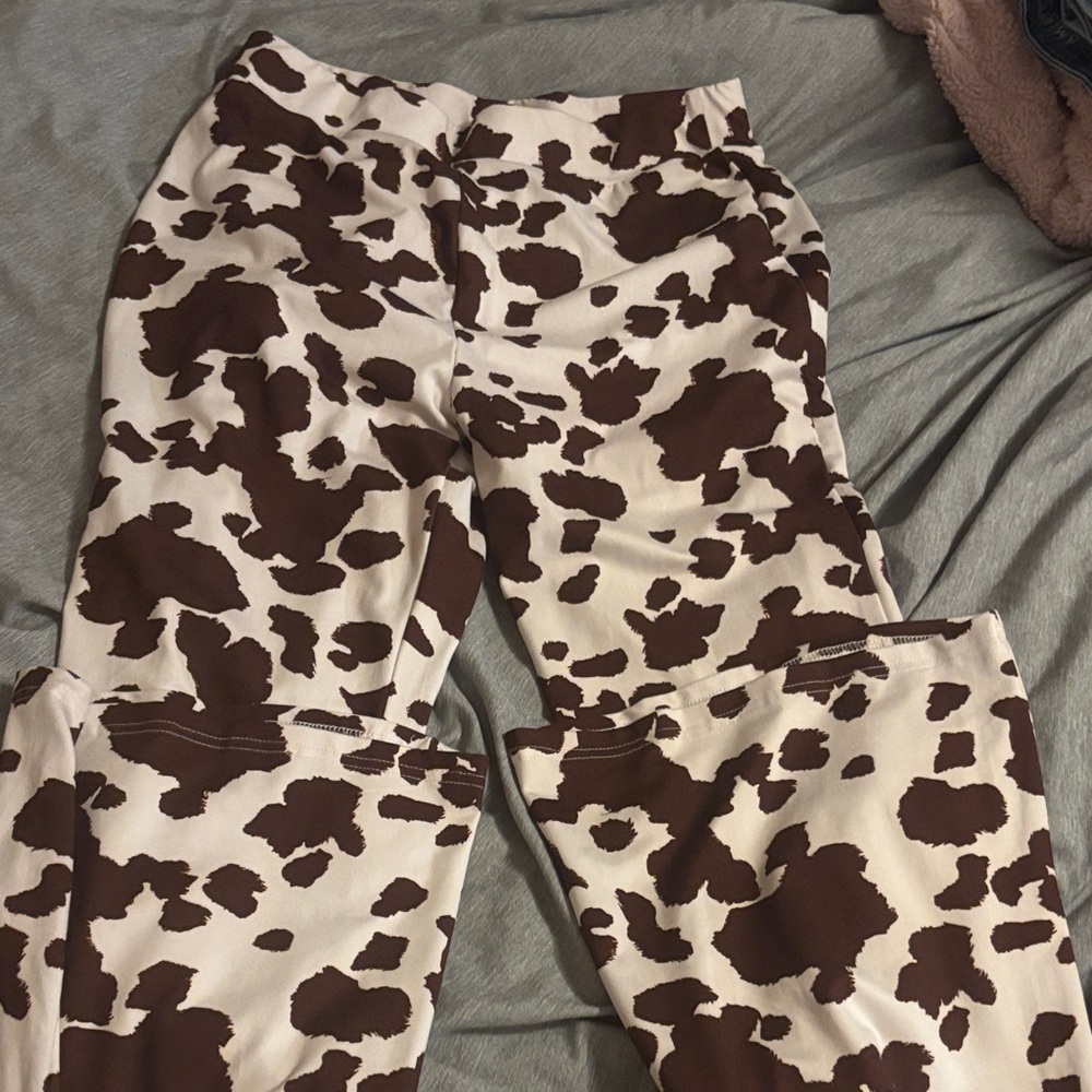 SHEIN Brown and White Cow Print Wide Leg Pants